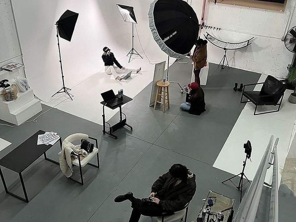 Overhead view of the production studio during a shoot
